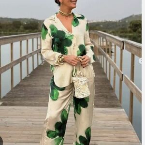 Zara Elegant Cream and Green Floral Wide Legged Pants